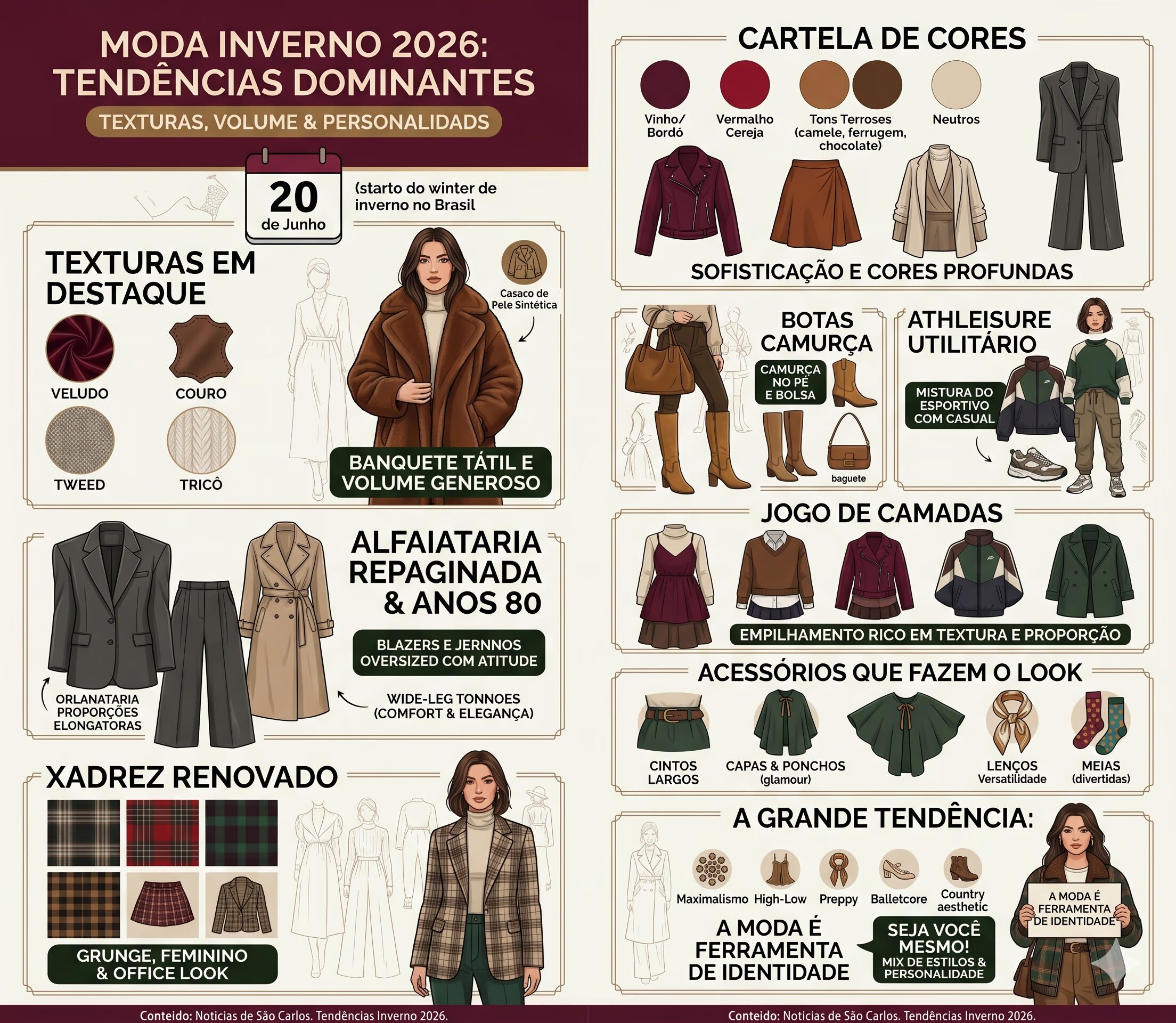 Infográfico de moda em formato editorial (1000x868) com fundo bege claro e detalhes em tom vinho-bordô. Dividido em duas colunas de blocos ilustrados, apresenta as macrotendências do Inverno 2026, incluindo amostras de tecidos, paleta de cores (vinho, cereja, terrosos), modelos com casacos teddy e blazers oversized, além de seções sobre sobreposições e acessórios.