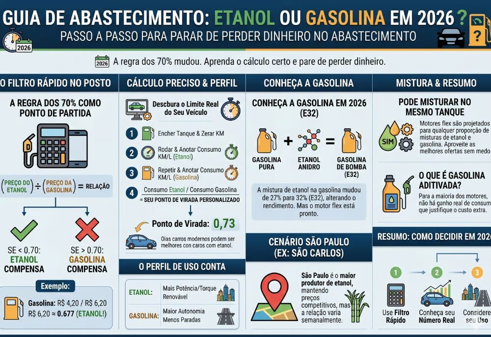 Infográfico moderno em tons de azul, branco e amarelo intitulado "Guia de Abastecimento: Etanol ou Gasolina em 2026". Dividido em colunas, ele apresenta de forma visual a regra dos 70%, o passo a passo para calcular o consumo personalizado do veículo, o impacto da nova mistura E32 e um resumo de tomada de decisão com ícones vetoriais.