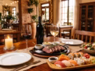 Mesa de restaurante em São Carlos com carne grelhada, sushi, salada e taças de vinho em ambiente aconchegante