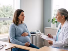 Gestante em consulta médica de pré-natal, conversando com médica em consultório
