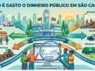 Infográfico mostrando como é gasto o dinheiro público em São Carlos, com setas indicando saúde, educação, infraestrutura, segurança e serviços urbanos a partir da Lei Orçamentária Anual
