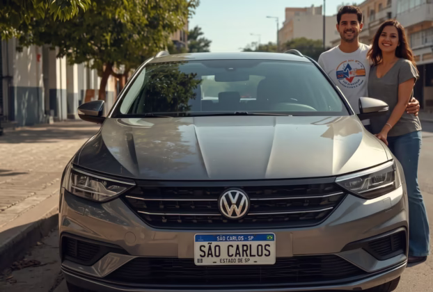 Casal sorridente de pé ao lado de um carro Volkswagen cinza em uma rua arborizada de São Carlos, SP, com placa legível mostrando a cidade.