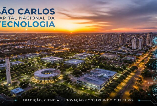 Vista aérea de São Carlos, no interior de São Paulo, com campus universitário e área urbana ao entardecer, ilustrando o título de Capital Nacional da Tecnologia