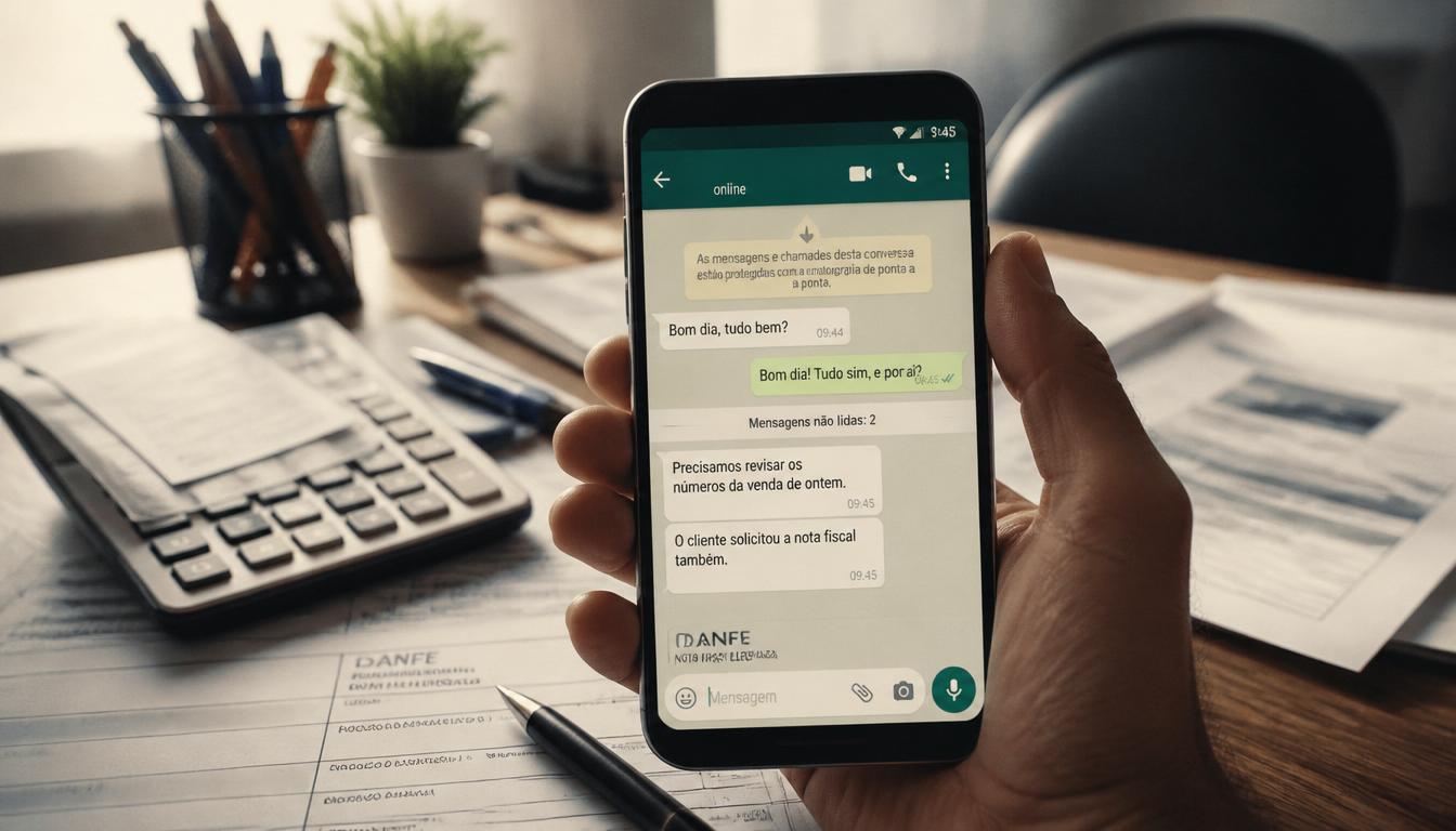 Smartphone com aplicativo de mensagens sobre mesa de escritório representando a nova cobrança do WhatsApp para empresas em 2026