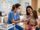 Profissional de saúde aplicando vacina no braço de uma criança sorridente.