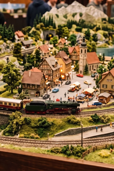 Maquete de ferreomodelismo com trens em miniatura e paisagem detalhada no Encontro de Ferreomodelismo de São Carlos