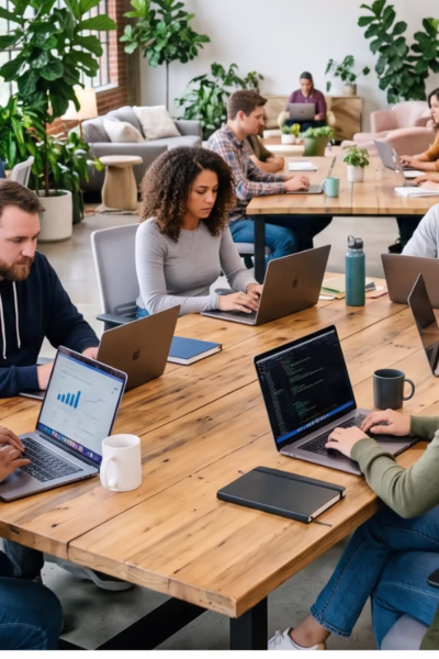 Ambiente de escritório de startup com pessoas trabalhando em notebooks.