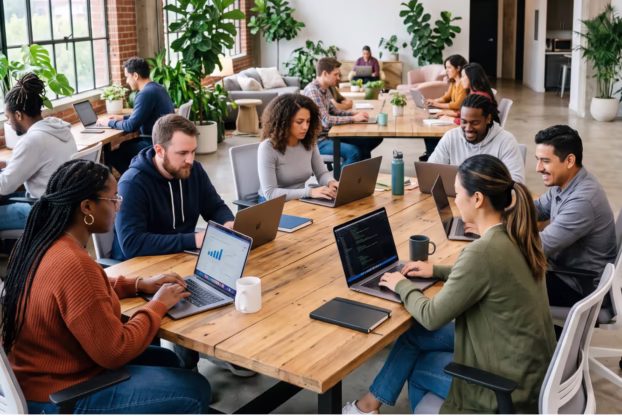 Ambiente de escritório de startup com pessoas trabalhando em notebooks.