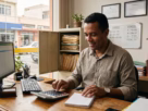 Empreendedor organizando documentos e contas em ambiente de trabalho
