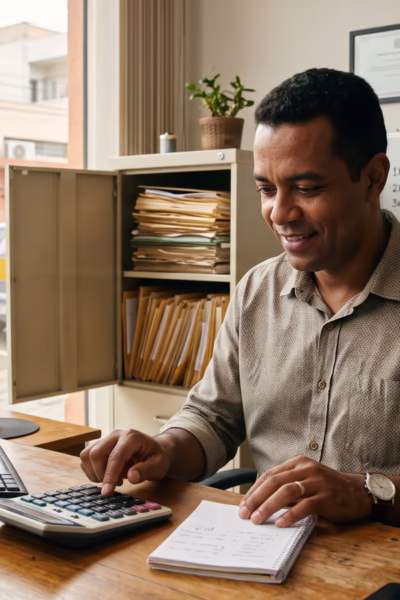 Empreendedor organizando documentos e contas em ambiente de trabalho