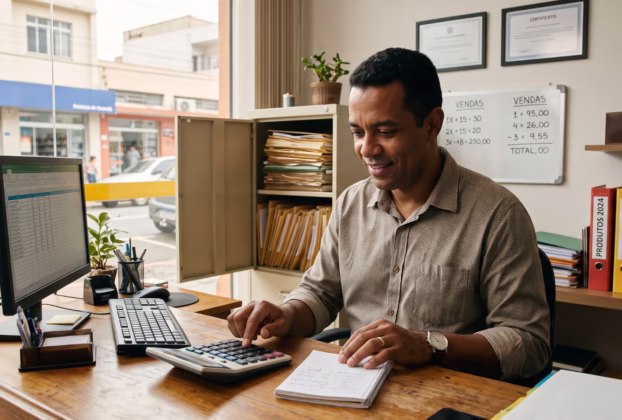Empreendedor organizando documentos e contas em ambiente de trabalho