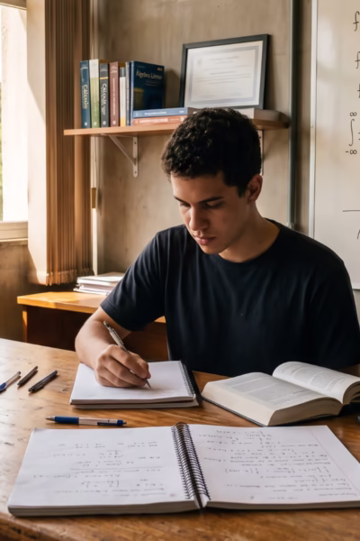 Estudante de matemática em sala de aula da UFSCar São Carlos com equações no quadro