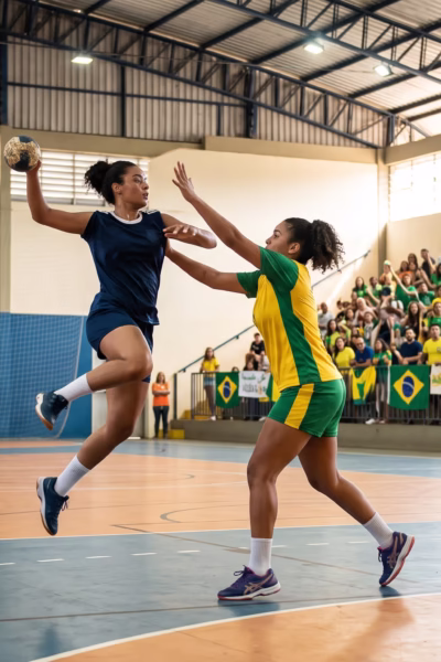Jogadoras de handebol feminino em disputa durante os Jogos Abertos do Interior de São Paulo