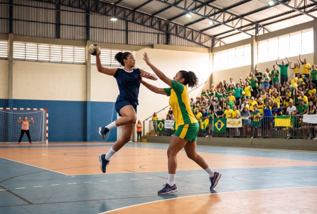 Jogadoras de handebol feminino em disputa durante os Jogos Abertos do Interior de São Paulo